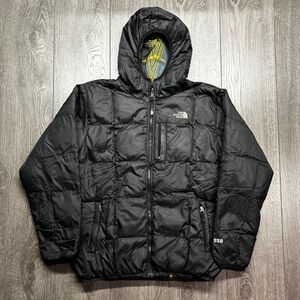 The North Face Boys XL 18 Reversible 550 Down Puffer Jacket Black Yellow Plaid